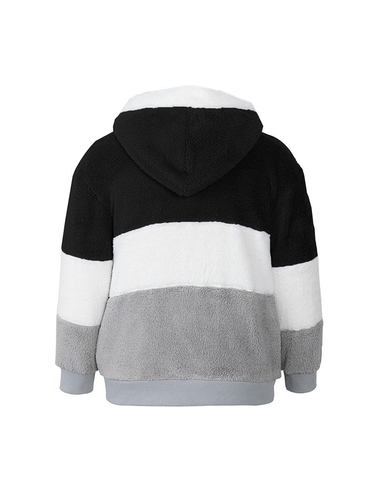 Plus Size Autumn/Winter New Arrivals Women's Autumn/Winter Drop-Shoulder Long-Sleeved Colour-Block Patchwork Fleece Hooded Jacke