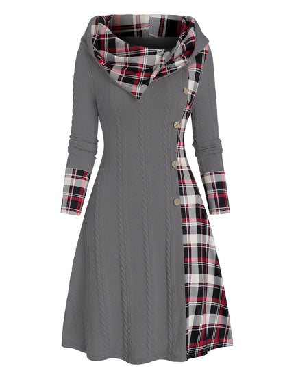 Knitted hooded dress plaid print stitching fake buckle high waist long sleeve A-line dress female