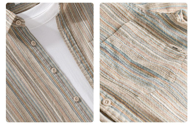 6158 Spring Fashion Japan Style Vintage Stripe Simple Cargo Shirt for Men Good Quality Cotton Long Sleeve Slim Fit Casual Blouse