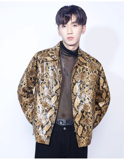 Mauroicardi Spring Autumn Loose Cool Shiny Colorful Snakeskin Print Pu Leather Jacket Men Luxury Designer Clothes Streeetwear