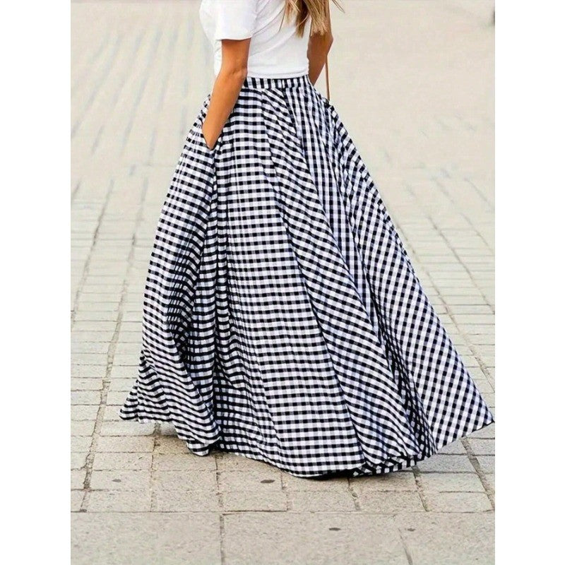 Plus Size Elegant High-Waisted Long Dress For Women Summer Commuting Plaid Big Skirt Wide Leg Design Female Fashion