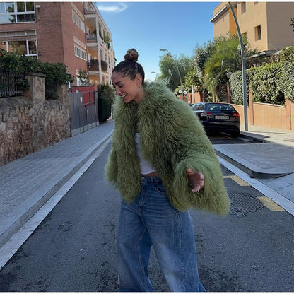 Fashion Solid Plush Faux Fur Coat Women Elegant Warm Long Sleeves Loose Jacket 2025 Lady Winter Chic High Street Outerwear ?