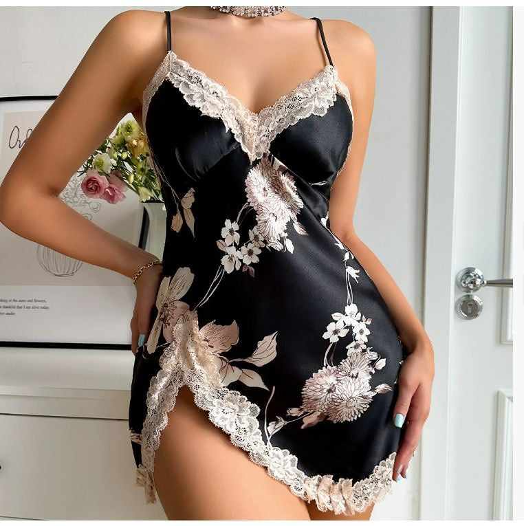 Lace Trim Leopard Nightdress V Neck Backless Side Split Slip Sleep Dress Women's Sleepwear Dresses