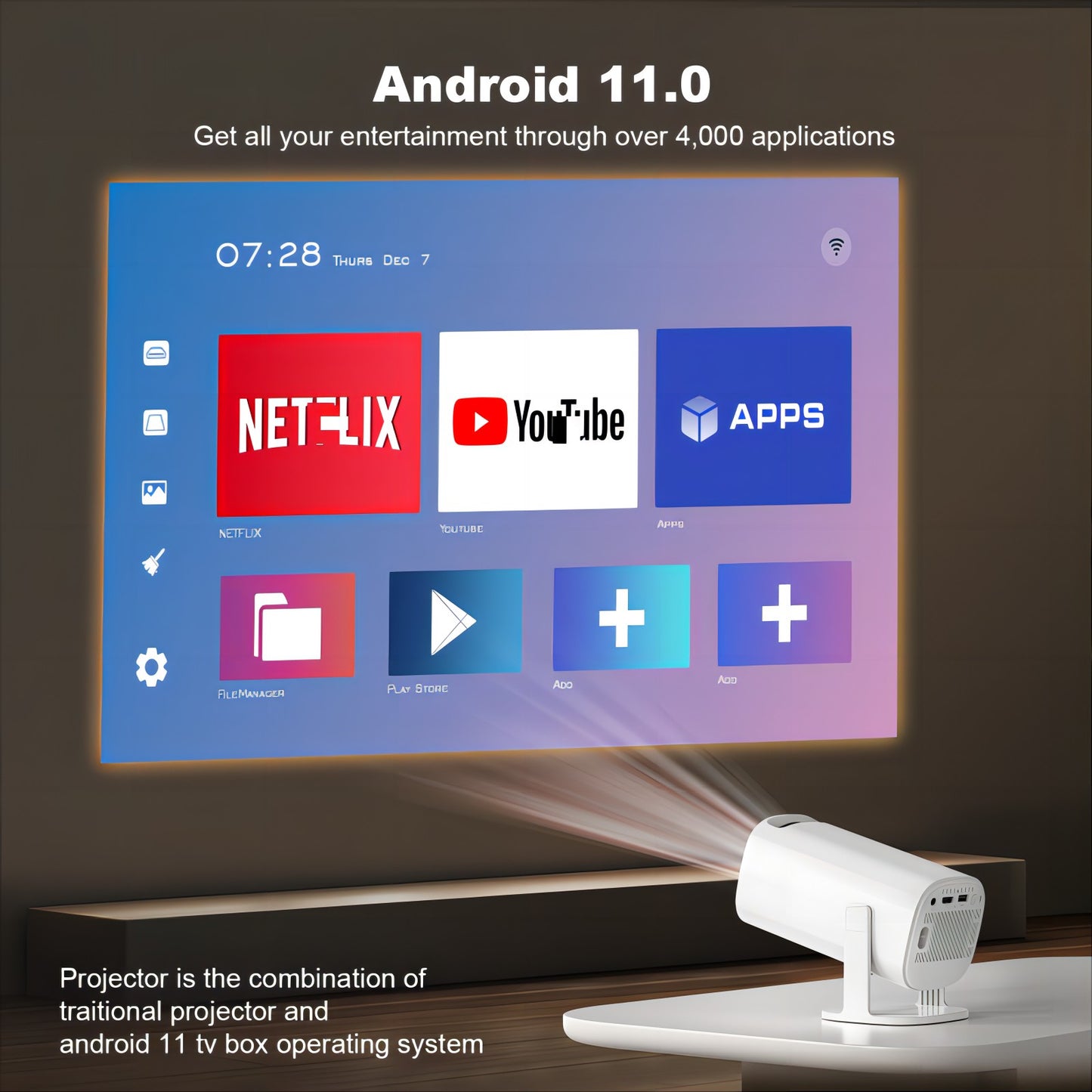 HONGTOP Projetor Android 11 720P Smart Mini Portátil com WiFi6 Bluetooth Home Theater Projetor Portátil Externo