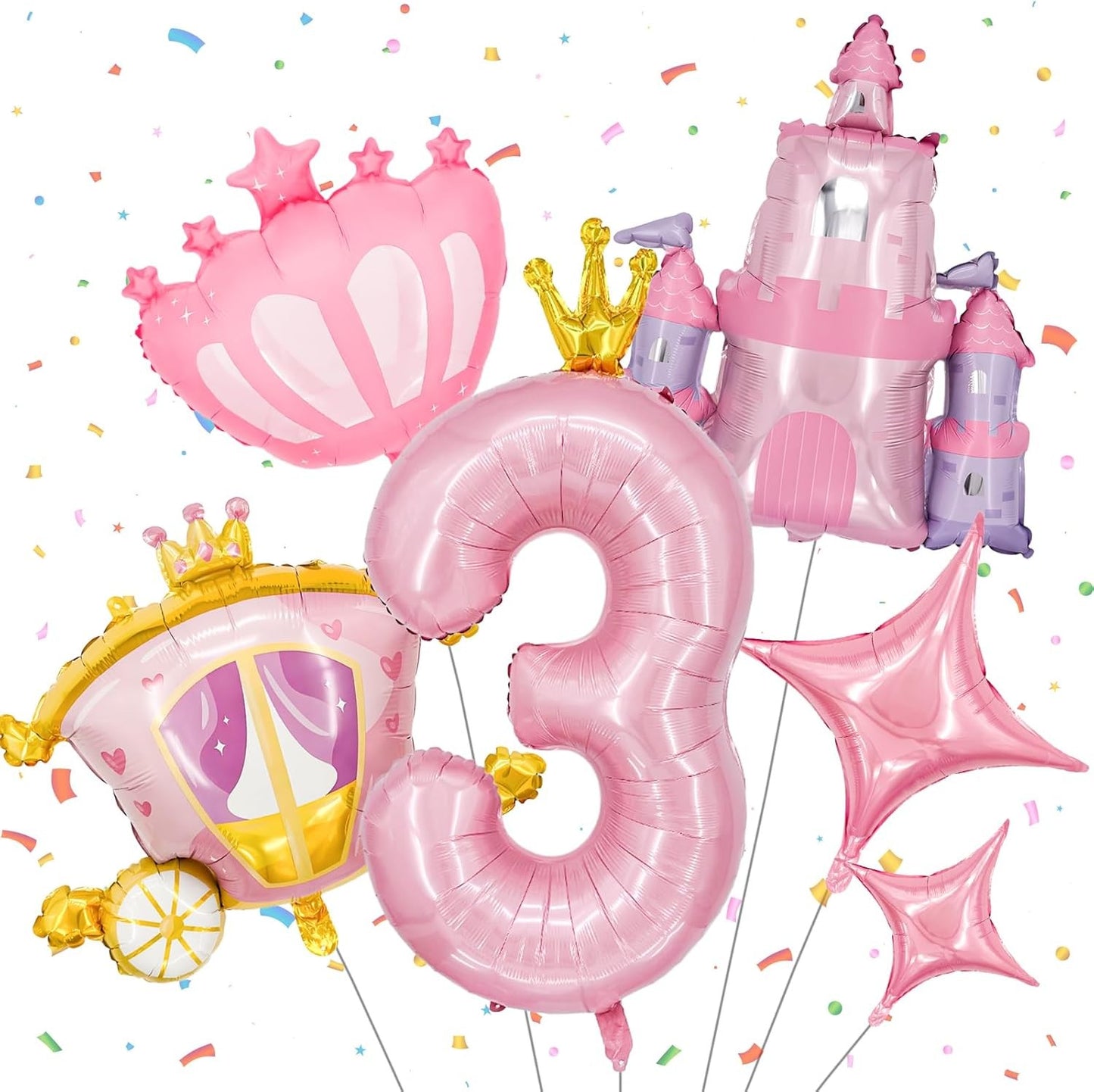6-Piece Princess Theme Party Decoration Set: Princess Carriage + Pink Castle + 40-inch Numbers + Crown Heart + Star Foil Balloon