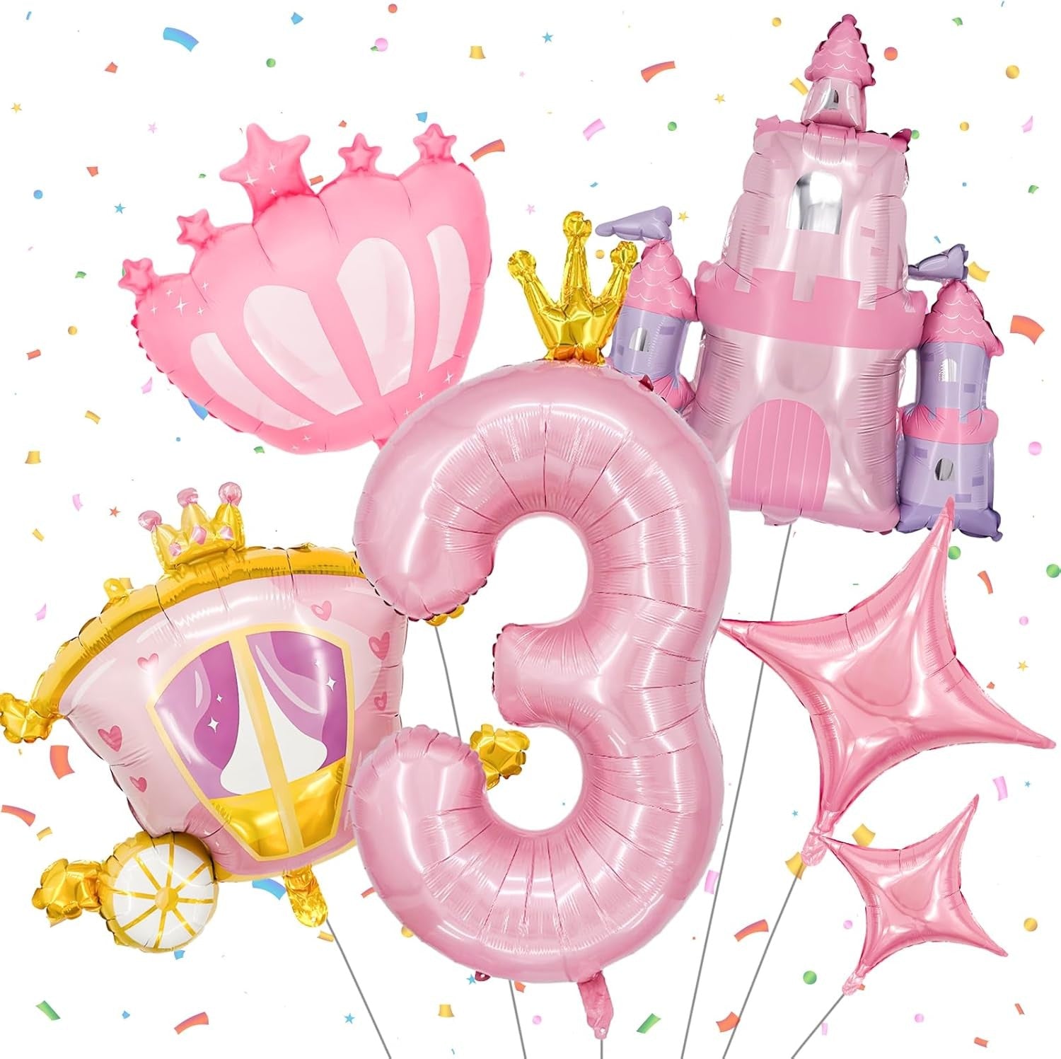 6-Piece Princess Theme Party Decoration Set: Princess Carriage + Pink Castle + 40-inch Numbers + Crown Heart + Star Foil Balloon