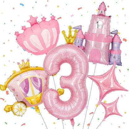 6-Piece Princess Theme Party Decoration Set: Princess Carriage + Pink Castle + 40-inch Numbers + Crown Heart + Star Foil Balloon
