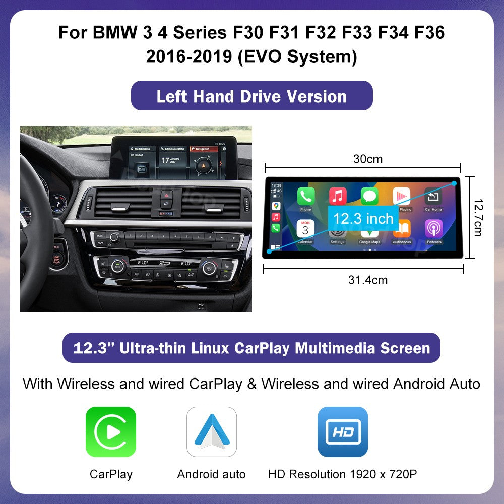 12.3inch Ultra Thin Screen For BMW 1/2/3/4 Series F20 F21 F22 F23 F30 F31 F33 F36 CIC/NBT/EVO Wireless CarPlay Multimedia Radio