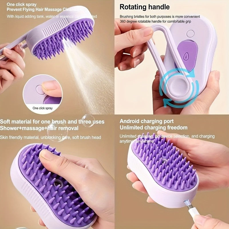 3-in-1 steam pet brush - USB rechargeable, foldable cat and dog grooming tool with silicone brush