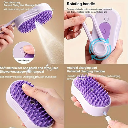 3-in-1 steam pet brush - USB rechargeable, foldable cat and dog grooming tool with silicone brush
