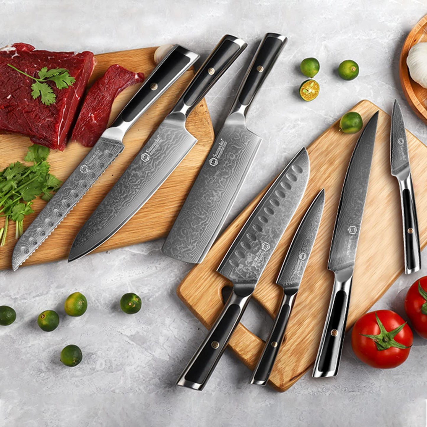 Facas de chef Sunnecko Damascus 1-7 peças/conjunto Faca de corte de carne de aço VG10 de alto carbono Faca de cozinha de corte utilitária ultra afiada