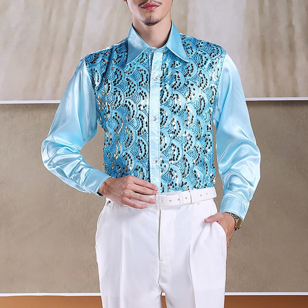 Men Sequins Shirt Adult Lapel Long Sleeved Dance Performance Shirt Costume Wedding Stage Shirt Slim Fit Casual Men Shirts Tops