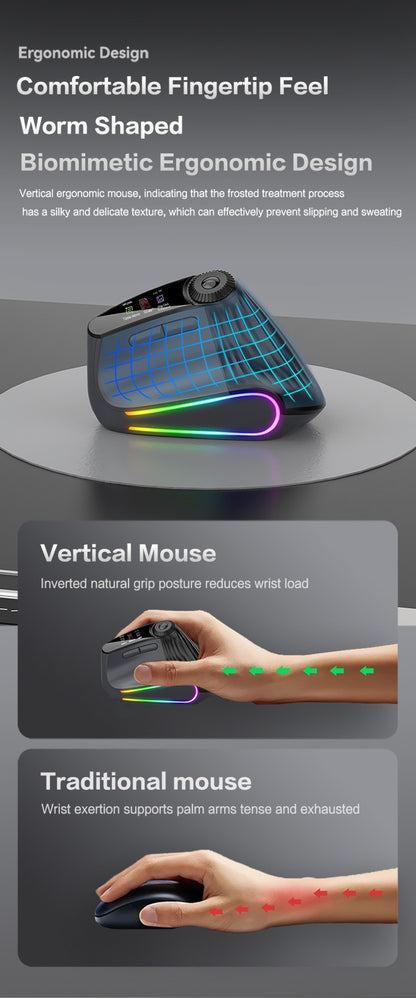 Mouse Vertical Sem Fio Jomaa RGB Retroiluminado Speed Roller com Botão de Ajuste de Função Bluetooth USB Ergonômico Click Silencioso