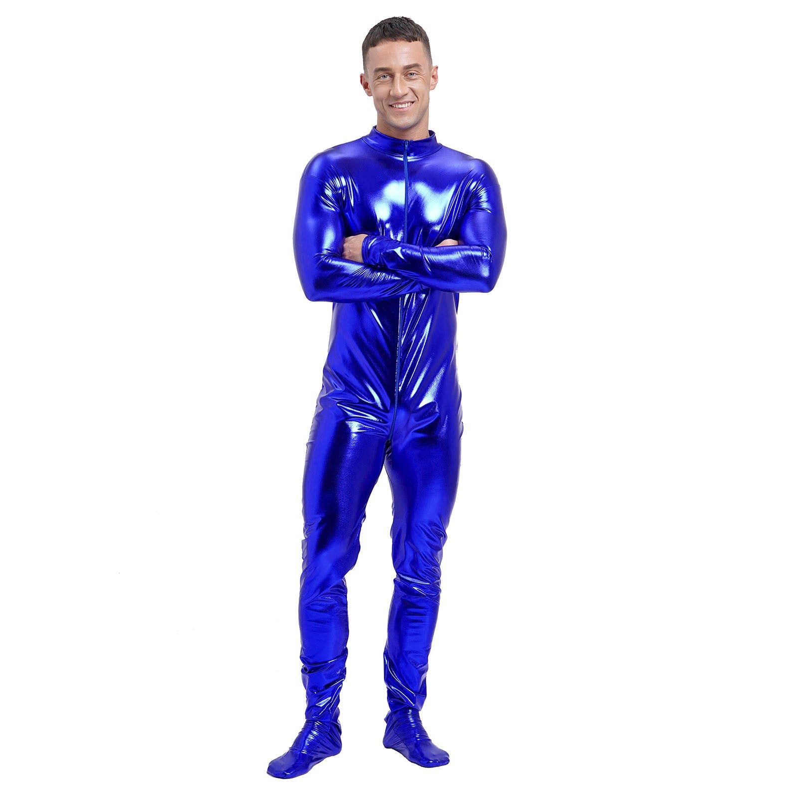 Men's Shiny Metallic Zentai Dress-up Jumpsuit Cosplay Costume Performance Stage Disco Clubwear Full Body Unitard Tights Leotard