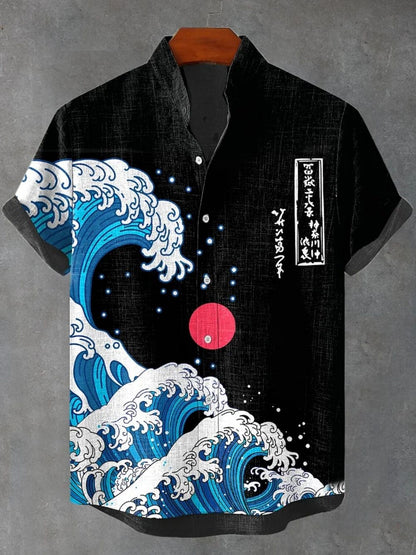 Summer Casual Men's Japanese Art Sea Wave Printed Linen Shirt Short Sleeve Stand up Collar Cardigan Breathable Top