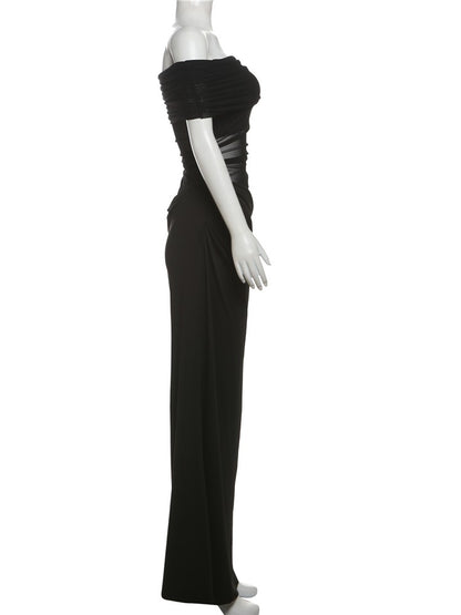 Weird Puss Ruched Irregular Dress Women Mesh Patchwork Slash Neck Short Sleeve S