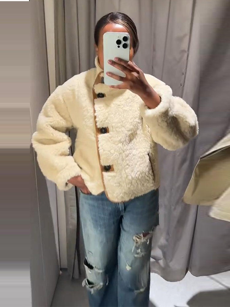 Suede Plush Both Sides Women's Coat Jacket Single Breasted Stand-Up Collar Pockets Female Jackets Autumn Loose Solid Coat Ladies