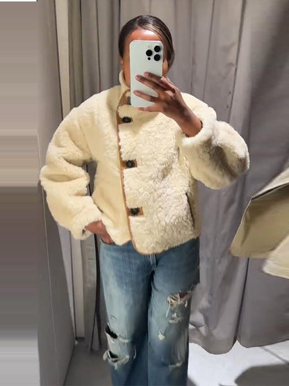 Suede Plush Both Sides Women's Coat Jacket Single Breasted Stand-Up Collar Pockets Female Jackets Autumn Loose Solid Coat Ladies