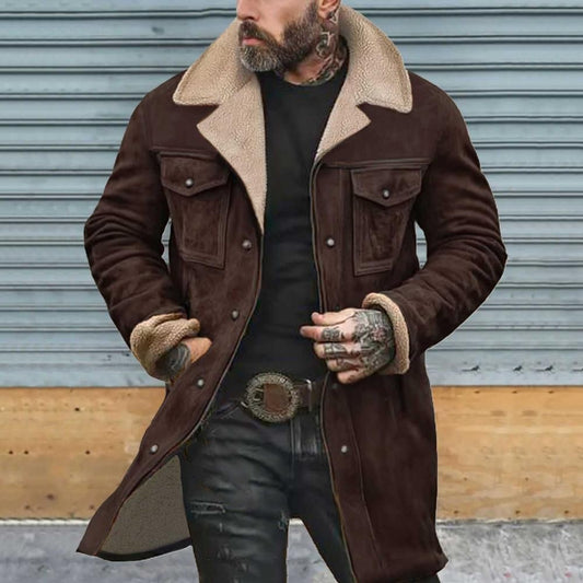 Autumn Winter Men Jacket Lapel Single-Breasted Mid-Length Coat Windproof Jacket Suede Multi Pockets Outerwear Men Clothing