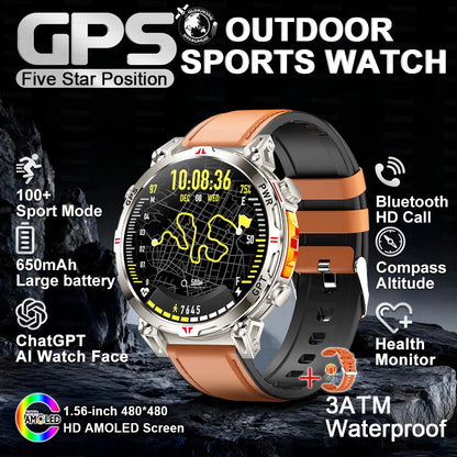 2025 Novo Relógio Inteligente Militar GPS para Exteriores Masculino 650mAh Bússola Altímetro 10ATM à Prova D'água Frequência Cardíaca Chamada Esportiva Smartwatch