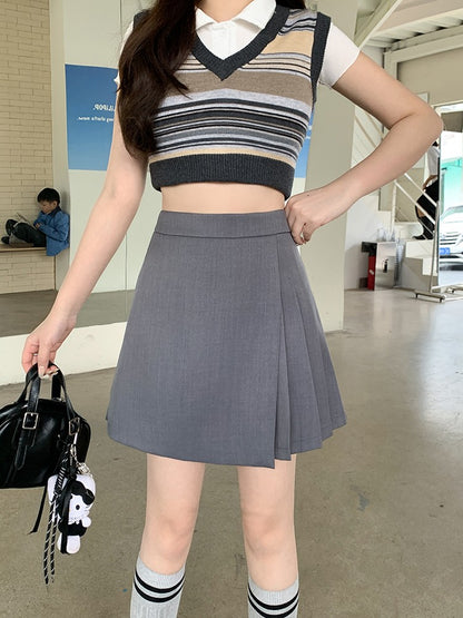 L-4XL Plus Size Skirt Women Spring Summer 2025 New Korean Fashion High Waist Pleated A Line Skirt Women Black Or Gray Mini Skirt