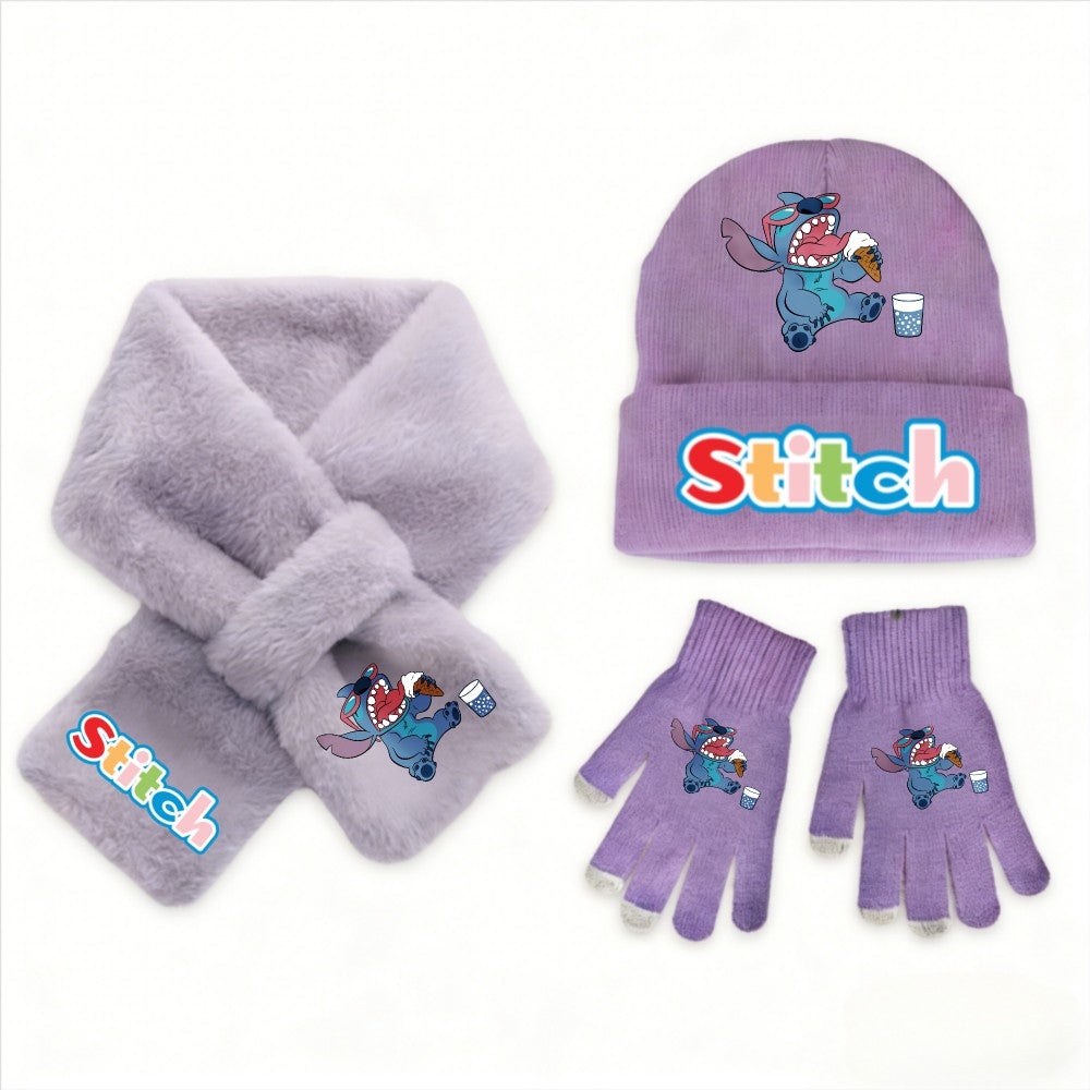 Conjunto de 3 peças de chapéu, cachecol e luvas de malha de inverno Stitch Disney Kawaii quente para meninas Acessórios casuais de moda infantil presente de Natal perfeito