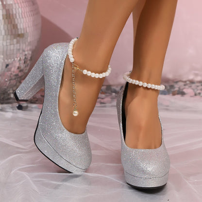 Fashionable New Comfortable Fashion Show Sexy Women's Shoes Spring Autumn Elegant Solid Color Round Toe Banquet Pearl High Heels