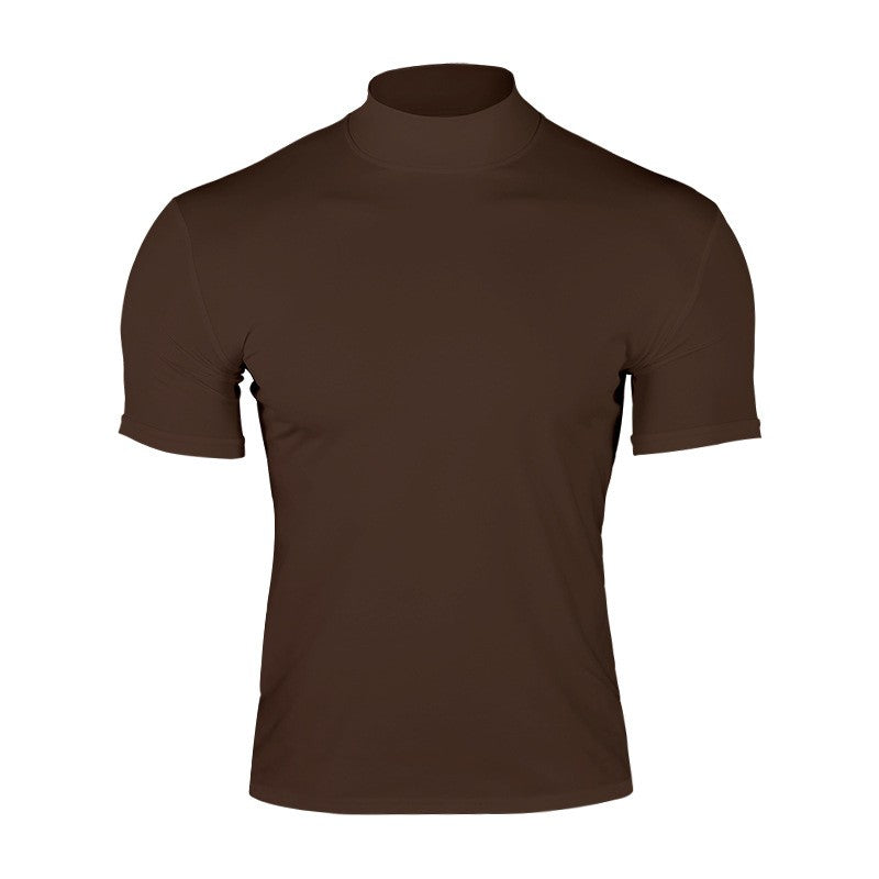 Cross-border Amazon 2024 summer solid color short-sleeved fashion bottoming shirt men's tight turtleneck T-shirt