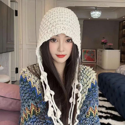 Autumn Winter Women's Hat Hand-knitted Woolen Tassel Cap Beanie Fashion Ear-protecting Cap Outdoor Warmth Headscarf Hat
