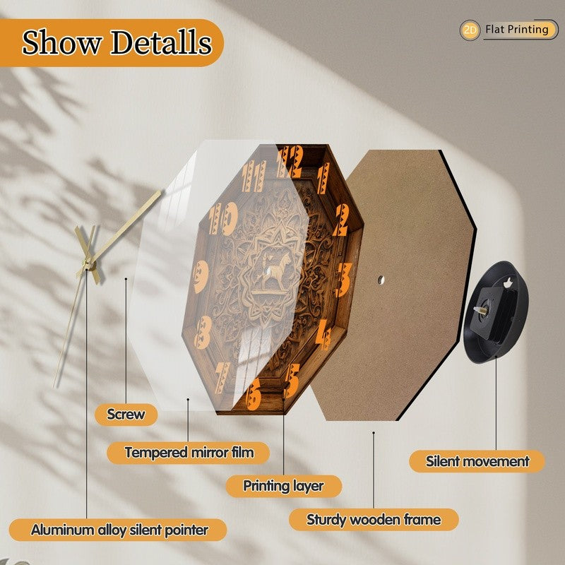 Attractive Premium Intricate Octagon Wooden Carved Deer Wall Clock for Office Farmhouse Valentine's Day Halloween Easter Gifts