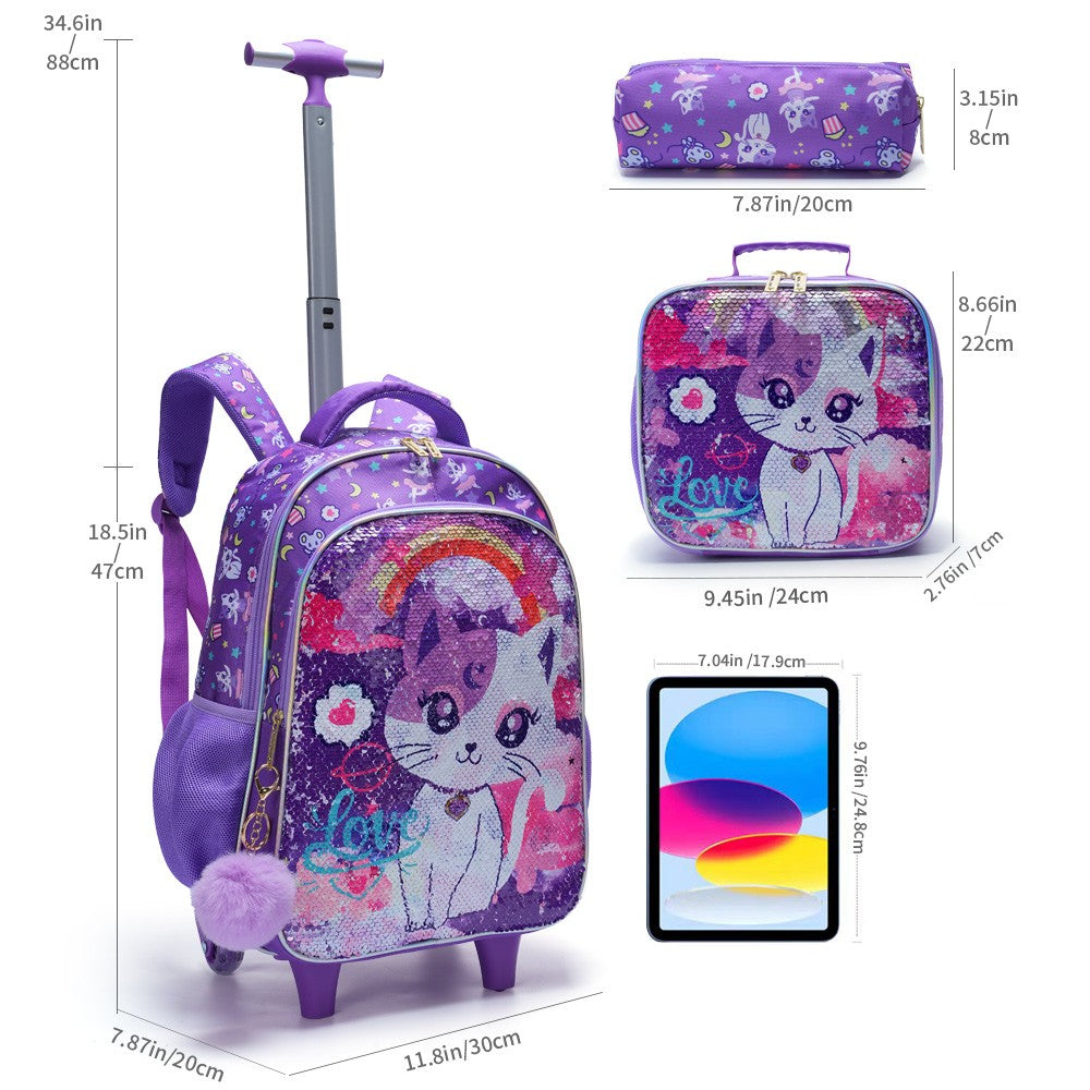 Conjunto de 3 peças Mochila de Rodinhas para Meninas, Linda Mochila Escolar com Rodas de Gatinho de Desenho Animado com Lantejoulas para Alunas do Ensino Fundamental, com Lancheira e Estojo