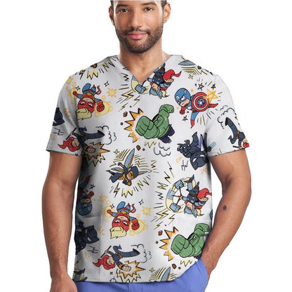 Disney Medical Uniforms Marvel Spider Nurse Scrub Tops Dental Hospital Nursing Shirts Cartoon V-neck Blouse Mens Clinical Scrubs