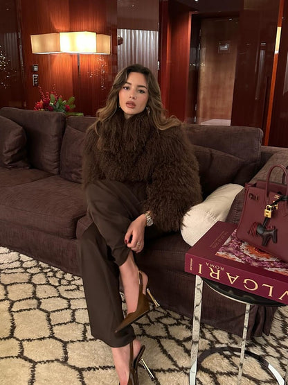 Solid Fashion Fake Fur Coat Women Chic Fluffy Warm Long Sleeve Loose Short Jacket Luxury 2025 Winter Lady Daily Street Outerwear