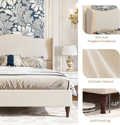 Queen Size Bed Frame Upholstered Platform Bed with 51" Tall Headboard Wingback, Soft Fabric, Retro Simple Style Platform