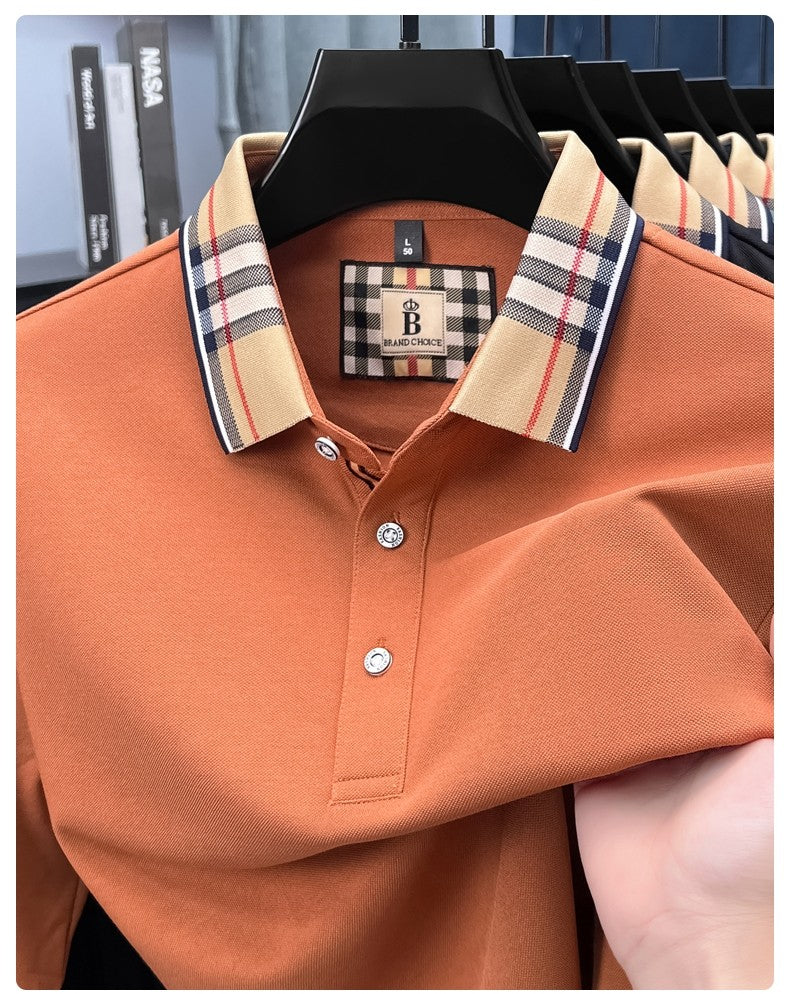 Luxury brand long sleeve polo shirt men comfortable casual autumn item silk cotton high-end Korean fashion plaid lapel T-shirt