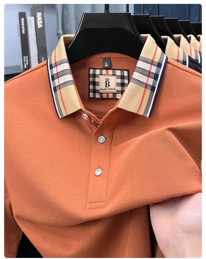 Luxury brand long sleeve polo shirt men comfortable casual autumn item silk cotton high-end Korean fashion plaid lapel T-shirt