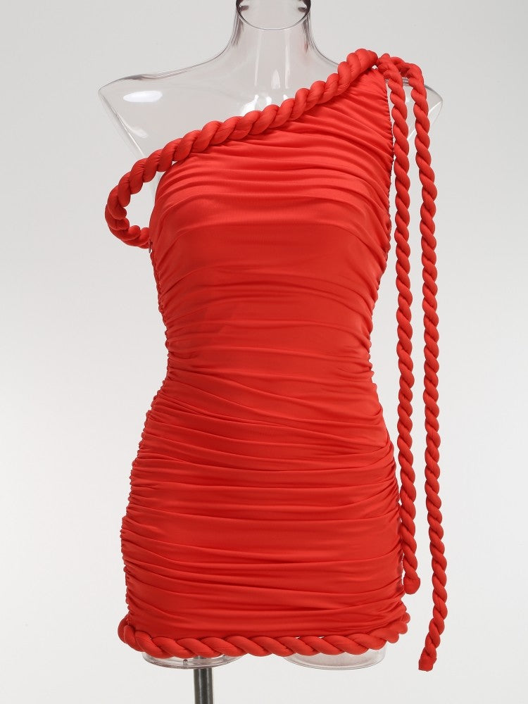 New Sexy One Shoulder Patchwork Twist Knot Draped Mini Dress Women Diagonal Collar Ruched Bodycon Dresses Evening Party Cocktail