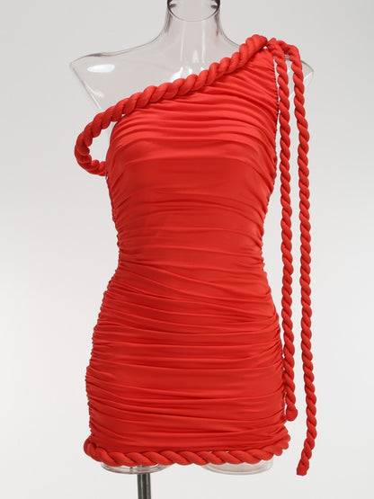 New Sexy One Shoulder Patchwork Twist Knot Draped Mini Dress Women Diagonal Collar Ruched Bodycon Dresses Evening Party Cocktail