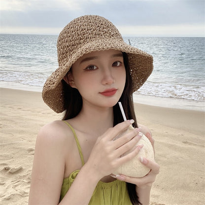 Straw Hat Women's Lace Bow Hollow Crochet Cap Summer Sunshade Sun Hat Fashion Foldable Beach Hat