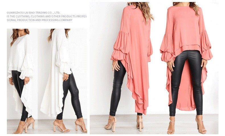 Elegant Solid Color Chiffon Shirts Women O Neck Lantern Sleeves Irregular Long Blouses Tops Temperament Lady Commuting Clothing