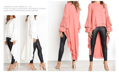 Elegant Solid Color Chiffon Shirts Women O Neck Lantern Sleeves Irregular Long Blouses Tops Temperament Lady Commuting Clothing