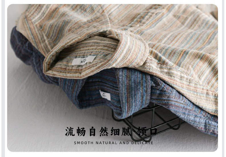 6158 Spring Fashion Japan Style Vintage Stripe Simple Cargo Shirt for Men Good Quality Cotton Long Sleeve Slim Fit Casual Blouse