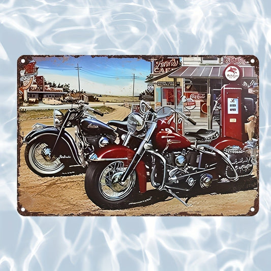 Vintage Motorcycle Metal Sign -  Retro Wall Art with Classic Chopper Motorcycles & Garage Scene, Rustic Aluminum Decor for Home,