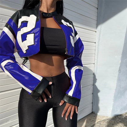 Women Crop Coat New Streetwear Fashion Letter Print Autumn Casual Sporty Wild Clothing Uniform Trend Female Faux Leather Jacket