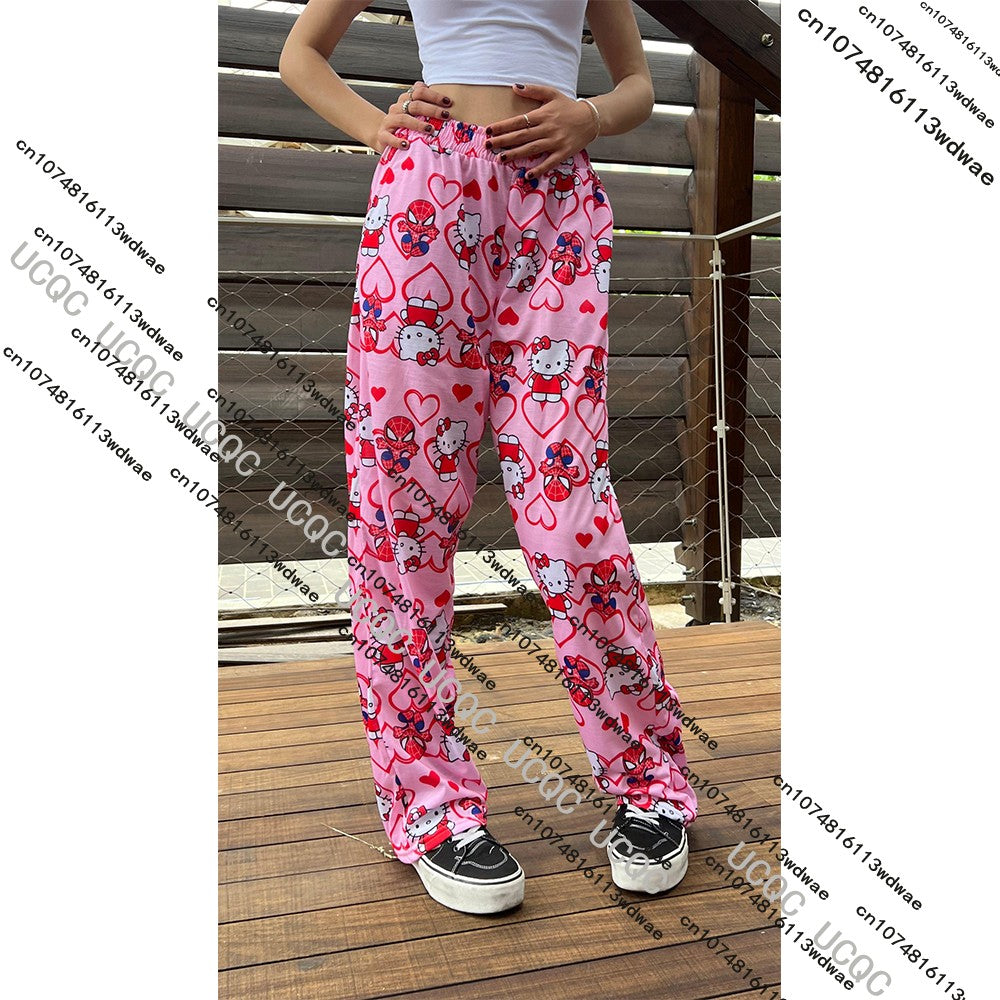 HOT SALE 2025 Hello Kitty Girls Pajamas Cartoon Y2K Print Street Dance Trousers Women Casual Couple Home Graffiti Pajamas Pants