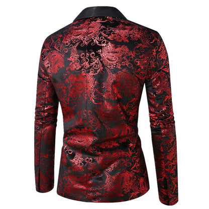Men's Purple Print Suit Jacket Burgundy Long Sleeve Black Collar Single Button Coat for Wedding Party Stage Performance