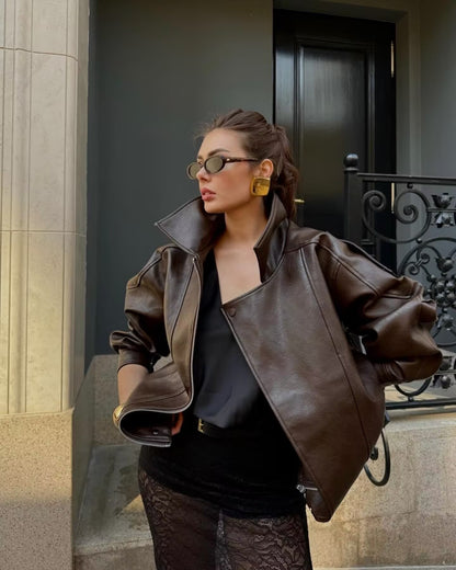 NERHEFZ Women Leather Jacket with Zipper Autumn Asymmetry Turn Down Collar Long Sleeve Button Lady Coats Causal Female Chic Tops