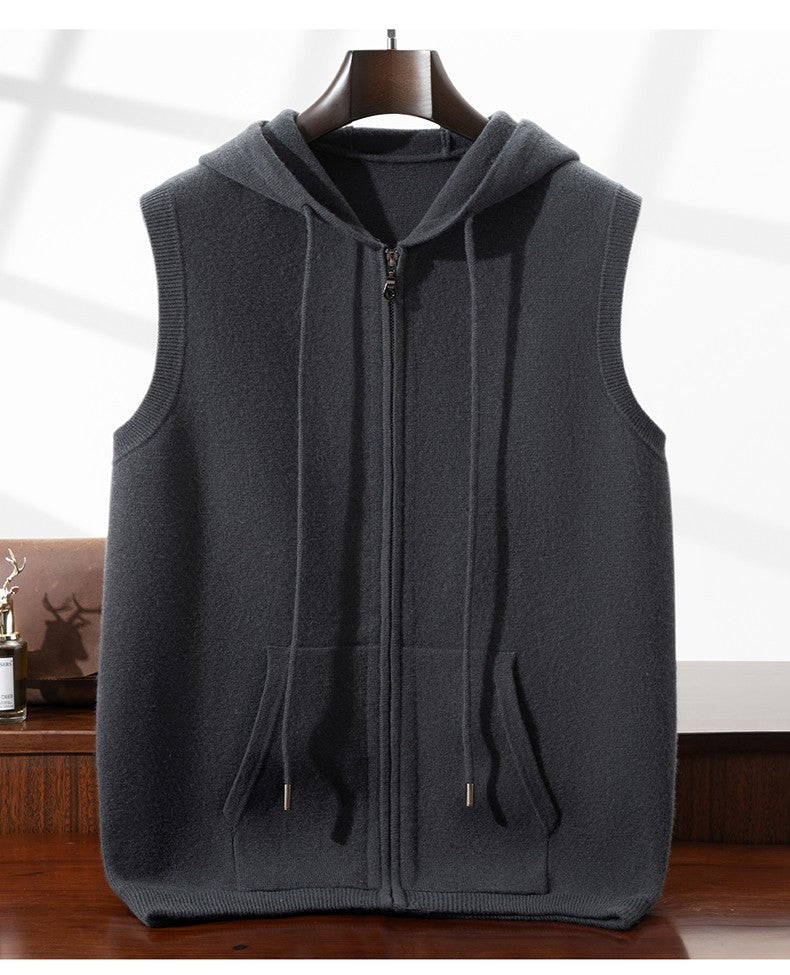 Autumn Winter Thickened Warm 100% Pure Wool Vest Men's Vest with Hood Zipper Cardigan Casual Pocket Sweater Jacket