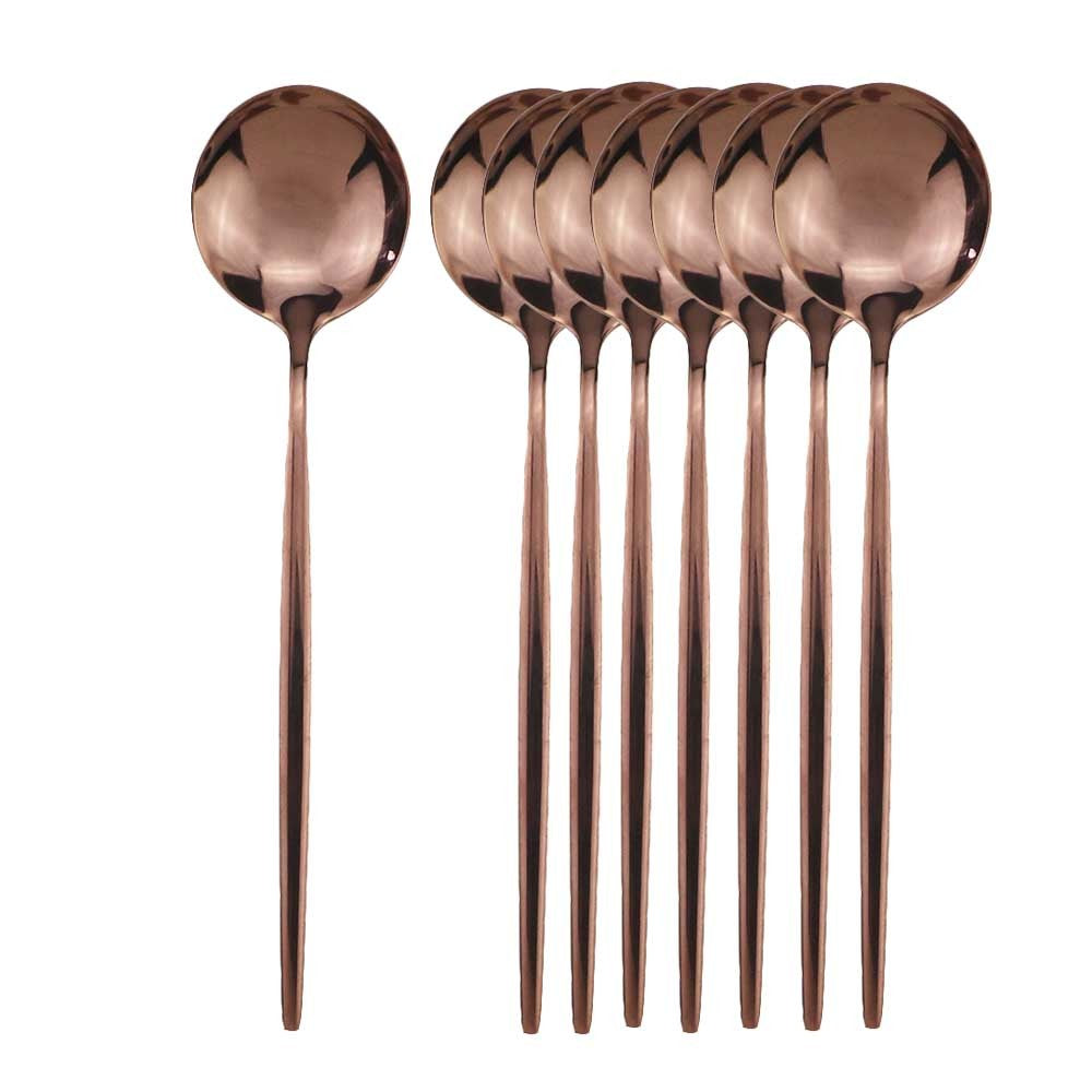 8 colheres de mesa de jantar, talheres de aço inoxidável, prateado, talheres dourados, utensílios de cozinha, talheres pretos.