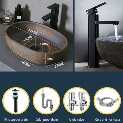 Cuba de Cerâmica Marrom para Lavatório de Banheiro Oval Artística para Mesa de Banheiro, Bacia de Lavar Roupa para Varanda, Bacia de Pedestal Acima do Balcão